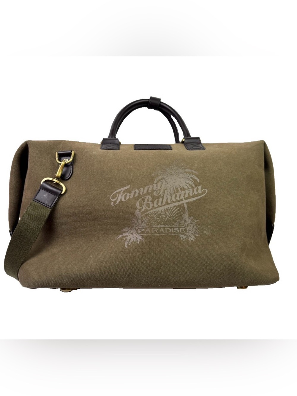 Tommy Bahama Paradise Randa Luggage Beach Canvas Army Green Duffle Tote Bag Leat